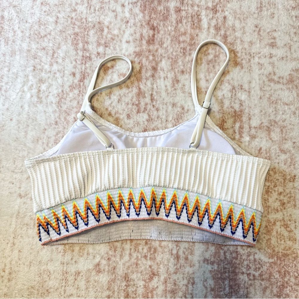 Textured Ribbed Bikini Set White Colorful Zigzag Trim High Waisted Size L - Picture 3 of 8